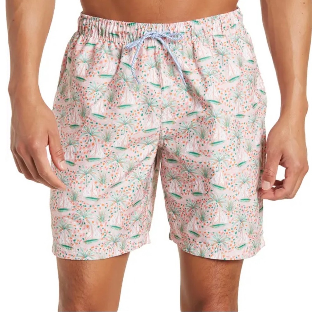 NWT Tailorbyrd Swim Trunks with drawstring waist, Boats print, coral, XL, XXL